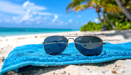 Stylish aviator sunglasses on a bright blue towel, on a pristine white sand beach. Turquoise ocean, blue sky, and palm trees in tropical paradise.