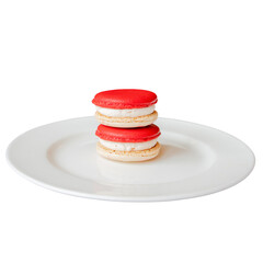 Delicious Macarons Delight: Two vibrantly colored macarons rest artfully on a pristine white plate, a testament to the beauty of culinary artistry.