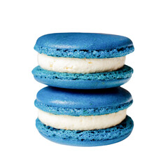 Macarons Delight: A stack of two exquisite macarons, featuring vibrant blue shells and a creamy white filling. Showcasing the treat's elegance and culinary artistry.