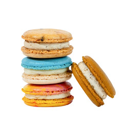 Artisan Macaron Tower: A close-up showcases a stack of exquisite, vibrantly colored macarons with delicate textures, appealing to sweet cravings.