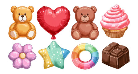 Cute Clipart of Sweet Treats and Colorful Objects on Transparent Background