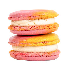 Macarons Delight: A stack of vibrant and delicious macarons, in shades of pink and yellow, filled with a creamy, soft filling, a perfect visual treat.
