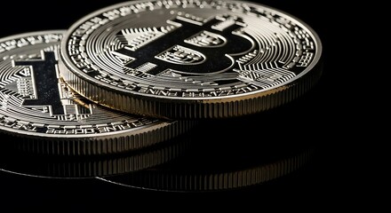 Stacked cryptocurrency coins on reflective surface, macro shot, dramatic lighting, sharp metallic texture, editorial-grade.