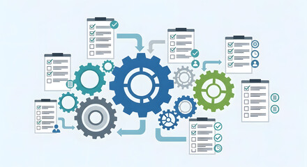 Conceptual illustration of an automated workflow system with gears and checklists representing business process management and efficiency