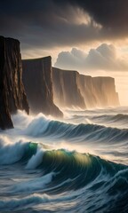 Fototapeta premium Atlantic Cliffside Fury: Waves Crashing on Rocky Shores