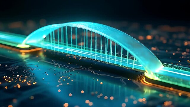 Abstract holographic bridge design glowing with neon light, floating above digital circuit board surface, symbol of connection, innovation, and technology-driven infrastructure.