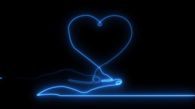 Glowing neon line Heart in hand icon isolated on black background. Hand giving love .hand icon Hand giving love symbol. Valentines day symbol. isolated.