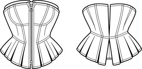 Technical flat fashion sketch of structured corset top with peplum, zipper front, sweetheart neckline, seam panels, front and back detailed views