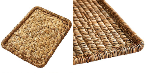 Rectangular woven rattan mat with a braided edge isolated on a transparent background.