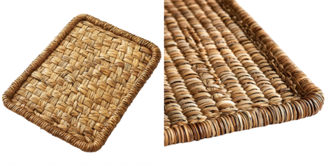 Rectangular woven rattan mat with a braided edge isolated on a transparent background.