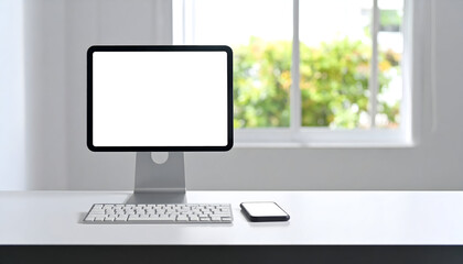 Desktop computer with blank screen and smartphone on white desk