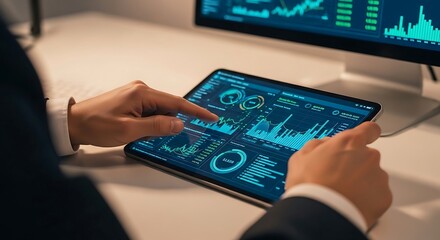 Person analyzing financial data on tablet, sharp focus, studio lighting, authentic fintech moment, editorial composition