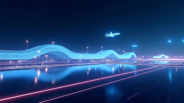 Futuristic holographic airport glowing in neon wireframe, symbolizing smart travel, AI-driven transport, and advanced global connectivity.
