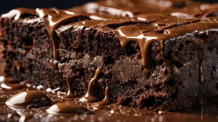 Close-Up of Chocolate Brownie Slice with Melted Chocolate Drizzle in 4K