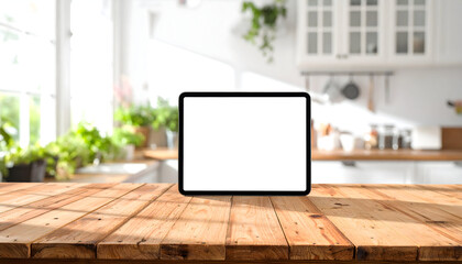 Fototapeta premium Tablet on wooden table in bright kitchen environment