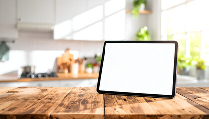 Fototapeta premium Blank tablet on wooden table in bright kitchen with plants