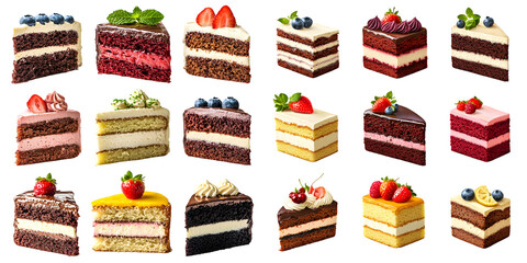 Collection of cake slices. Chocolate, strawberry, red velvet, vanilla isolated on a transparent background