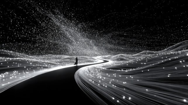 Silhouetted figure walks a luminous path through a digital landscape