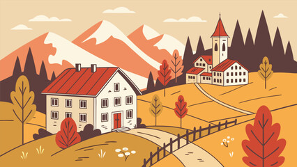 Fototapeta premium Autumnal Alpine Village: Charming Farmhouse, Church, and Mountain Scenery in Retro Style Illustration