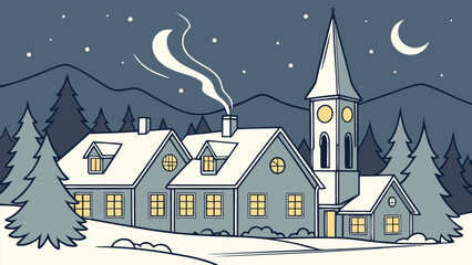 Fototapeta premium Serene Winter Village at Night: Cozy Houses, Church Steeple, Moonlit Snowscape, Line Art Style