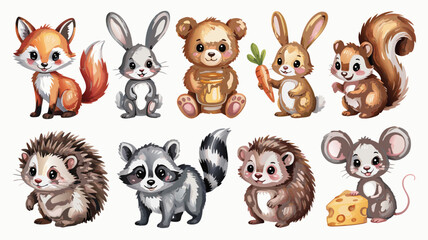 Fototapeta premium Cartoon Animals Fox, Rabbit, Bear with Honey, Squirrel, Hedgehog, Raccoon, Mouse and Cheese