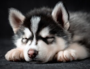 Obraz premium Adorable Sleeping Husky Puppy on Dark Background