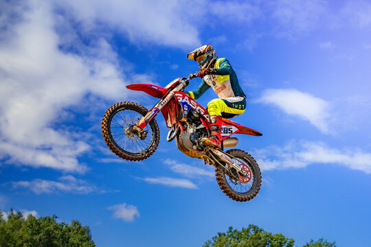 Latvia, Kandava, 2025-08-23, Latvijas kauss A Motocross Rider Soars Through the Sky