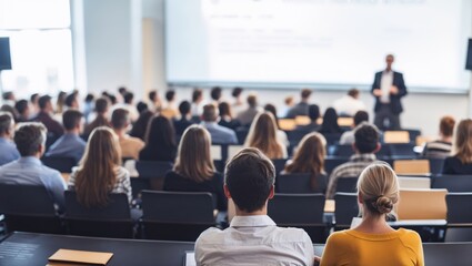 Fototapeta premium Audience in the lecture hall. Corporate meeting, university school presentation concept