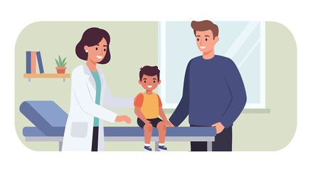 A friendly female pediatrician conducting a medical examination of a young boy with his supportive father in a clinic setting
