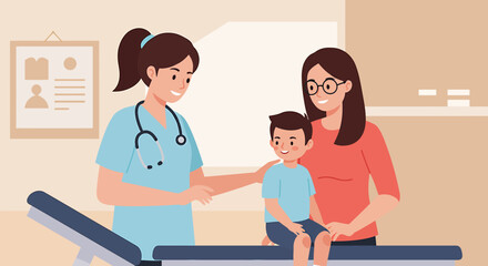 Obraz premium A caring pediatrician conducting a medical check-up on a young boy with his mother in a clinic setting