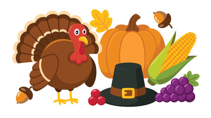 Cartoon Thanksgiving with Turkey, Pumpkin, Pilgrim Hat, Corn, Grapes, Acorn, and Cranberries