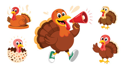 Obraz premium Cartoon Turkey Characters Turkey with Megaphone, Cooked Turkey, Turkey Hatching, Thanksgiving Illustration