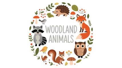 Fototapeta premium Cartoon Woodland Animals Wreath Featuring Fox, Raccoon, Squirrel, Owl, Hedgehog, and Birds on White Background