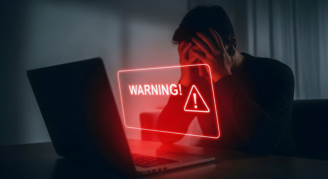 Stressed worker facing online security threat with warning alert on laptop screen in dark office - Powered by Adobe
