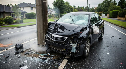 Black car crashed into a pole on the road. Accident, emergency, road safety concept.