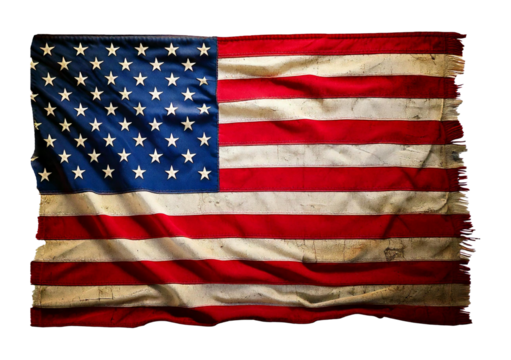 American flag with a vintage, worn appearance, isolated on transparent or white background