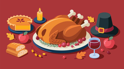 Colorful Cartoon Thanksgiving Still Life Turkey, Pie, Apple, Hat, Candle, Bread, and Wine