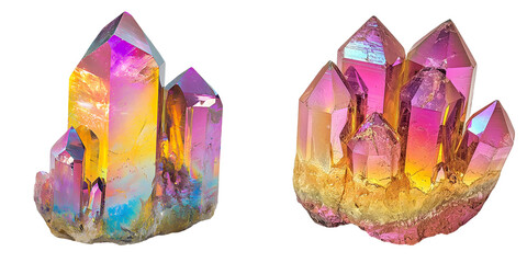 Colorful iridescent crystal with faceted edges isolated on a transparent background