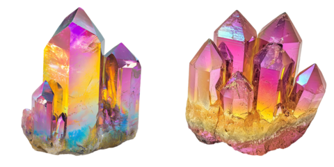 Colorful iridescent crystal with faceted edges isolated on a transparent background