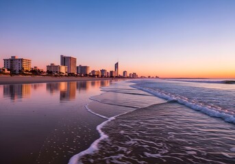Obraz premium Sunset at Beach with City Skyline Reflected in Calm Water
