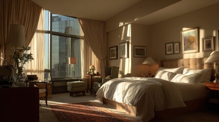 Sunny, upscale bedroom with city views