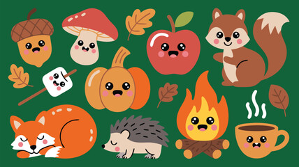 Naklejka premium Cute Cartoon Autumn Forest Animals and Food Illustration with Happy Faces on Green Background