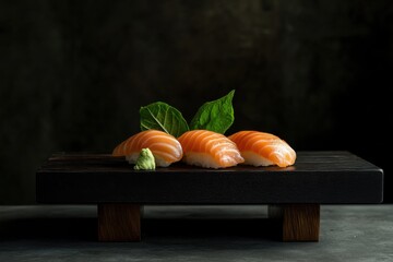 Minimalist sushi display with fresh ingredients, elegant black backdrop, Japanese culinary art, premium food photography with clean design