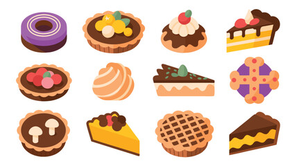 Flat Illustration Featuring Donuts, Tarts, Cream Puffs, Cakes, and Other Pastries on White