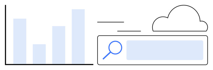 Bar chart and search bar paired with cloud icon, representing data analysis, cloud storage, search optimization. Ideal for analytics, cloud computing, technology, marketing, innovation research