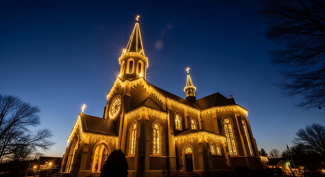Majestic gothic church illuminated with warm festive lights during twilight creating a magical atmosphere of celebration and community gathering