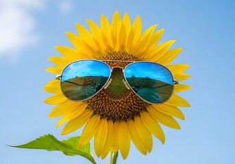 Sunflower Wearing Sunglasses Against Blue Sky Background