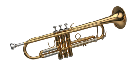 A gleaming golden brass trumpet with silver accents and intricate valve mechanisms sits isolated on a stark black background, showcasing its polished metallic surface and elegant design