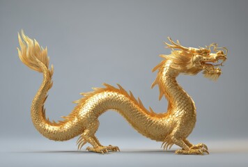 Fototapeta premium Golden Blocky Dragon Statue, 3D Render, Grey Background