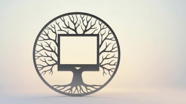 A metallic, circular emblem showcases a tree design, its branches and roots forming a frame for a square opening, set against a gradient background